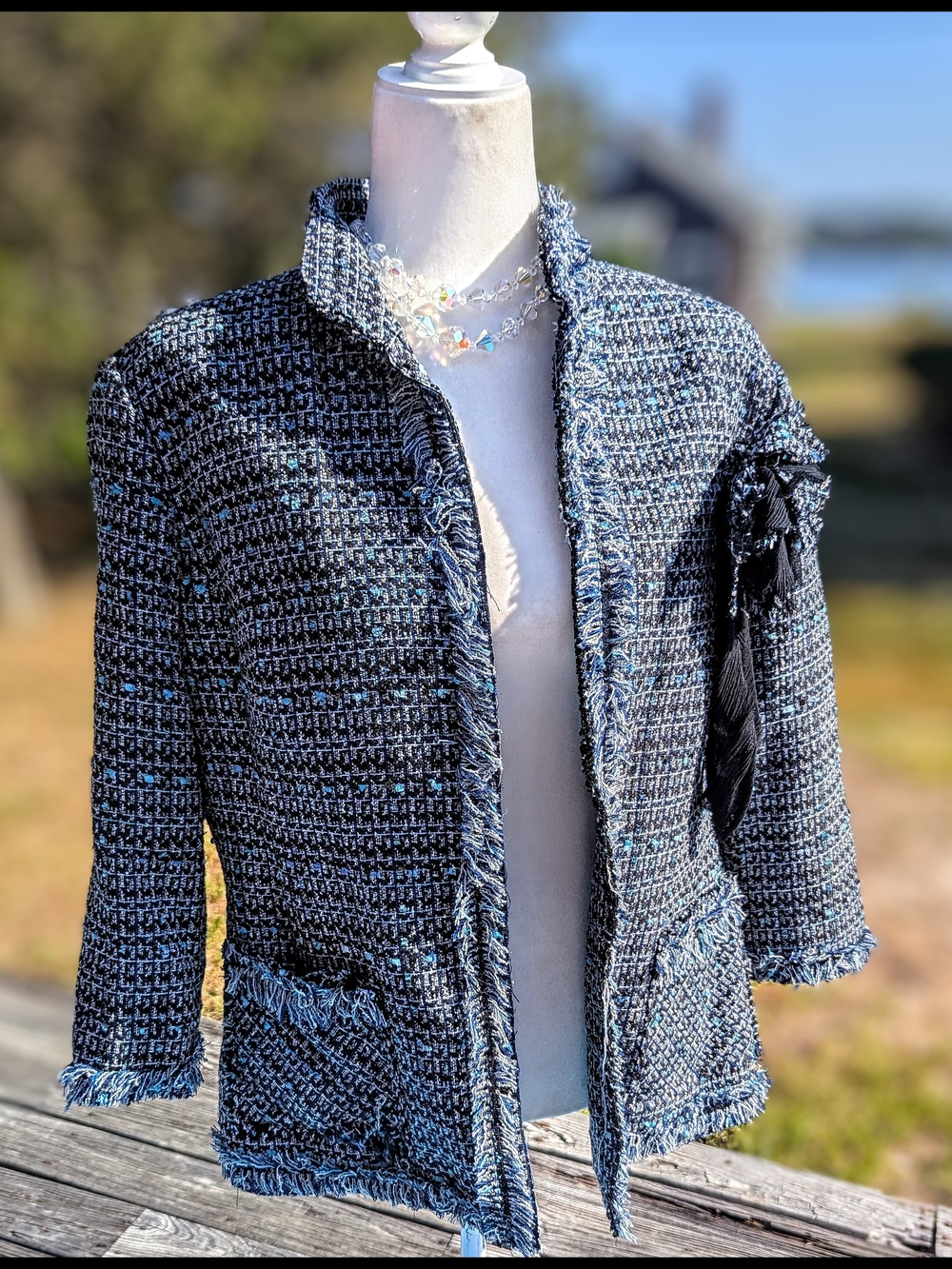 Textured Navy & Black Tweed Fringe Jacket